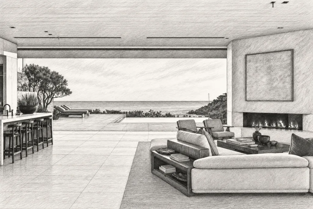 Luxury Brokerage Agent Onboarding Retention In 14 Days 1 Open-plan living room opening to a terrace and water view.
