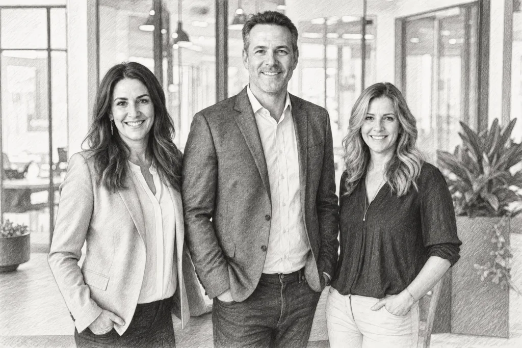 Luxury Listing Presentation Against National Brands: Process Wins 1 Three professionals standing together in a bright interior.