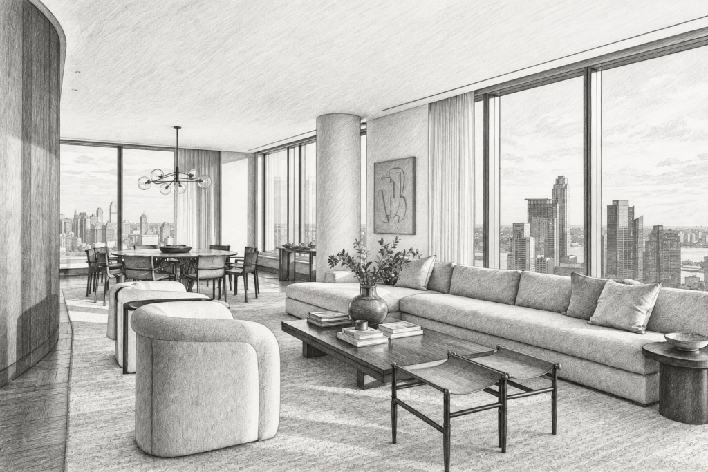 Quarterly Accountability Audits For Top Real Estate Producers 1 Open-plan living and dining area with city skyline.