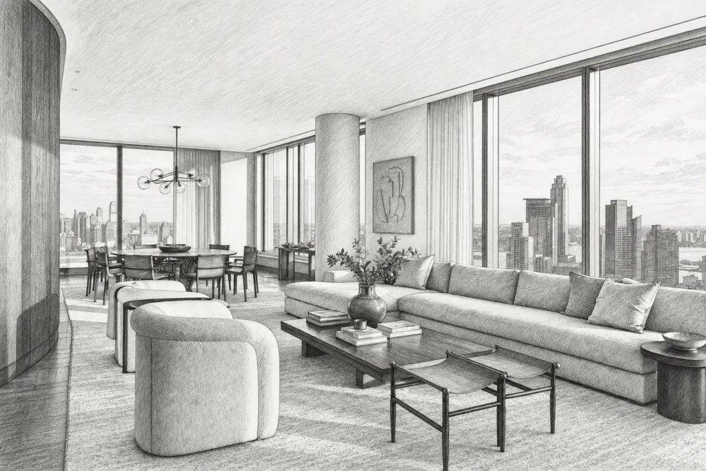 Open-plan living and dining area with city skyline.