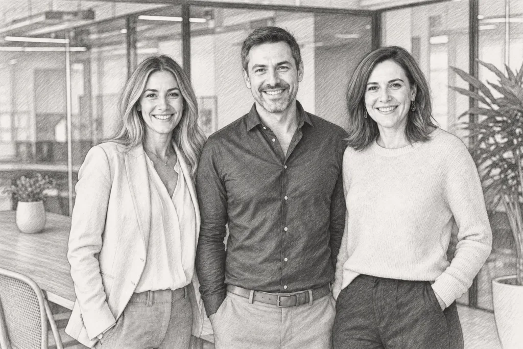 Luxury Real Estate Price Adjustment Thresholds That Re-Engage Buyers 1 Three professionals standing together in a bright glass-walled interior.