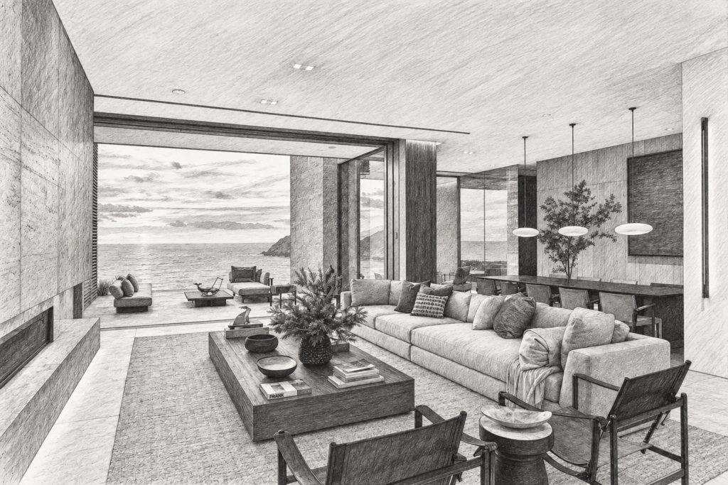 Open-plan living room with seating and large windows.