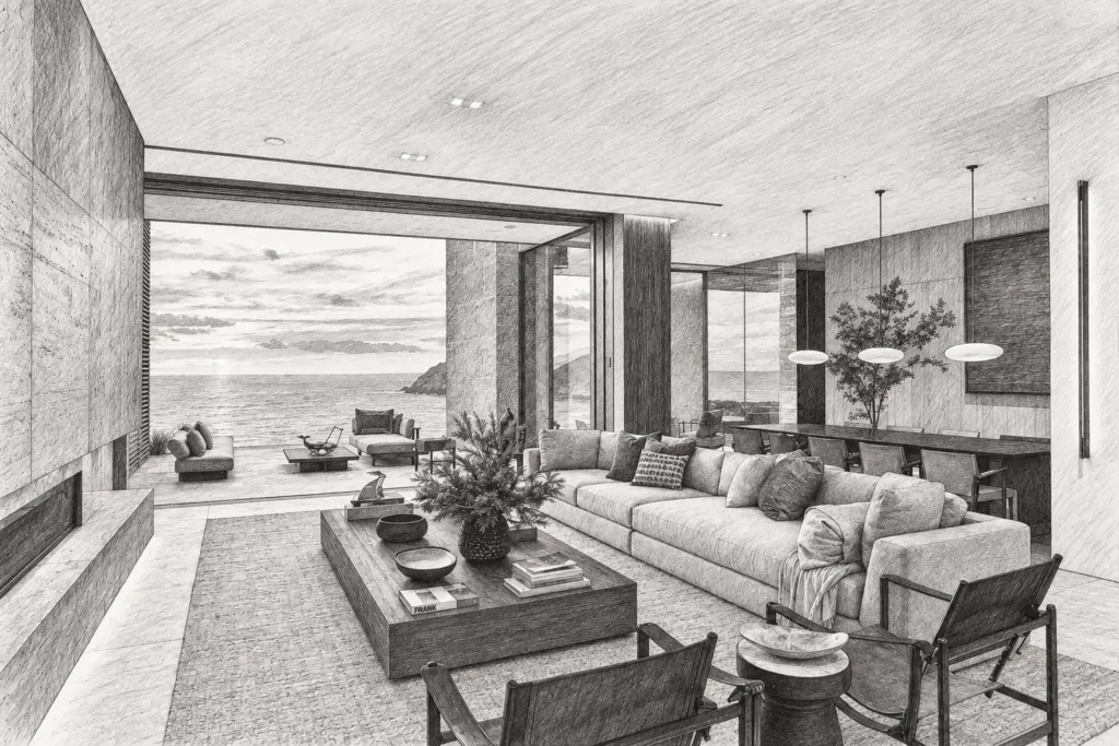 Open-plan living room with seating and large windows.