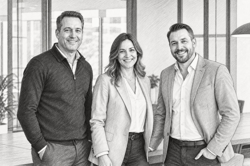 Three adults standing together in a bright interior.