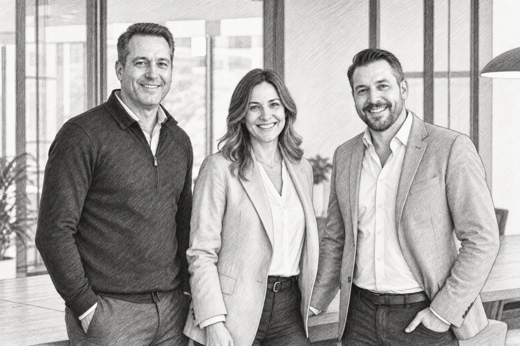 Cash Buyers Luxury Real Estate High Interest Rates Strategy 1 Three adults standing together in a bright interior.