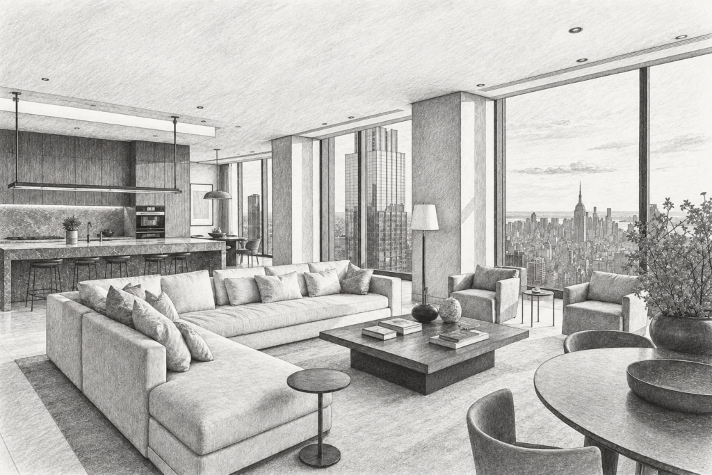 Annual Agent Compensation Review For Luxury Teams: Value Reset 1 Open living room with a kitchen and broad glazing toward a city skyline.