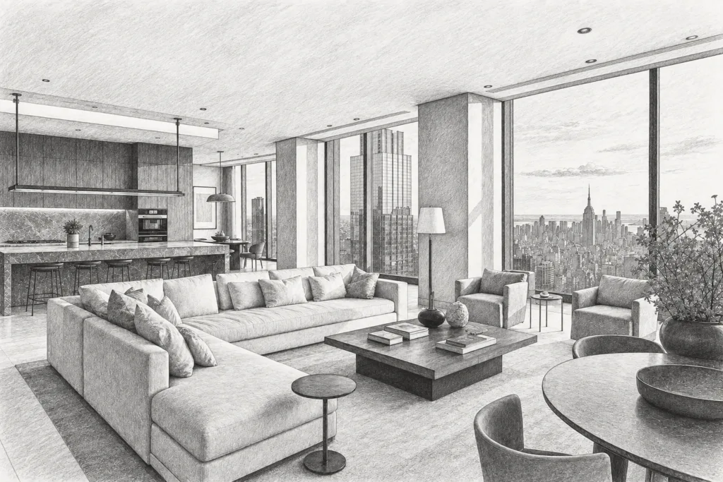 Annual Agent Compensation Review For Luxury Teams: Value Reset 1 Open living room with a kitchen and broad glazing toward a city skyline.