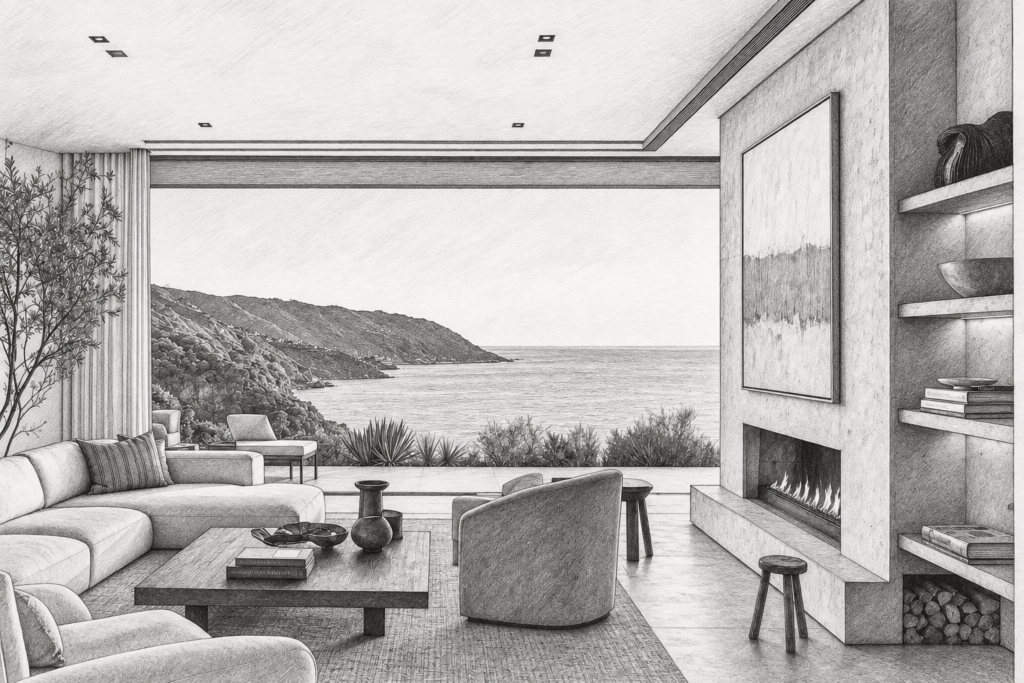Luxury Real Estate Operational Metrics Elite Brokerages Track 1 Open-plan living room with fireplace and water view.