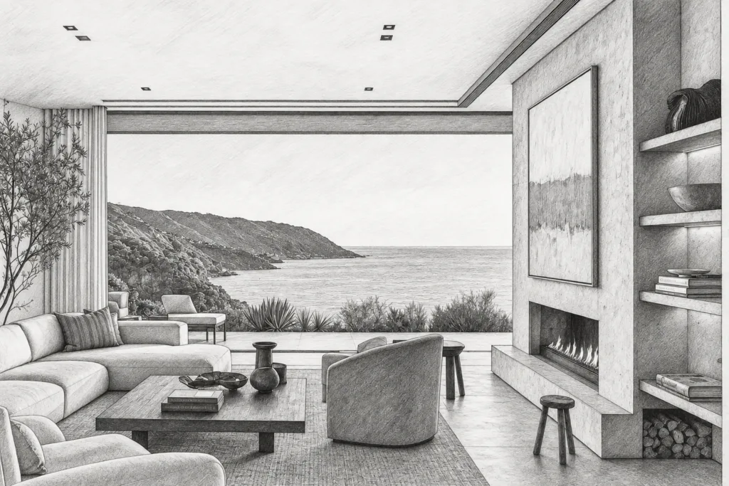 Open-plan living room with fireplace and water view.