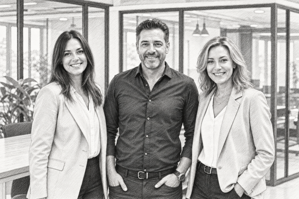 Three professionals standing together in a bright interior.