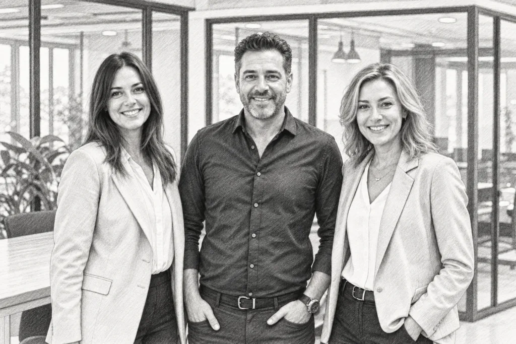 Three professionals standing together in a bright interior.
