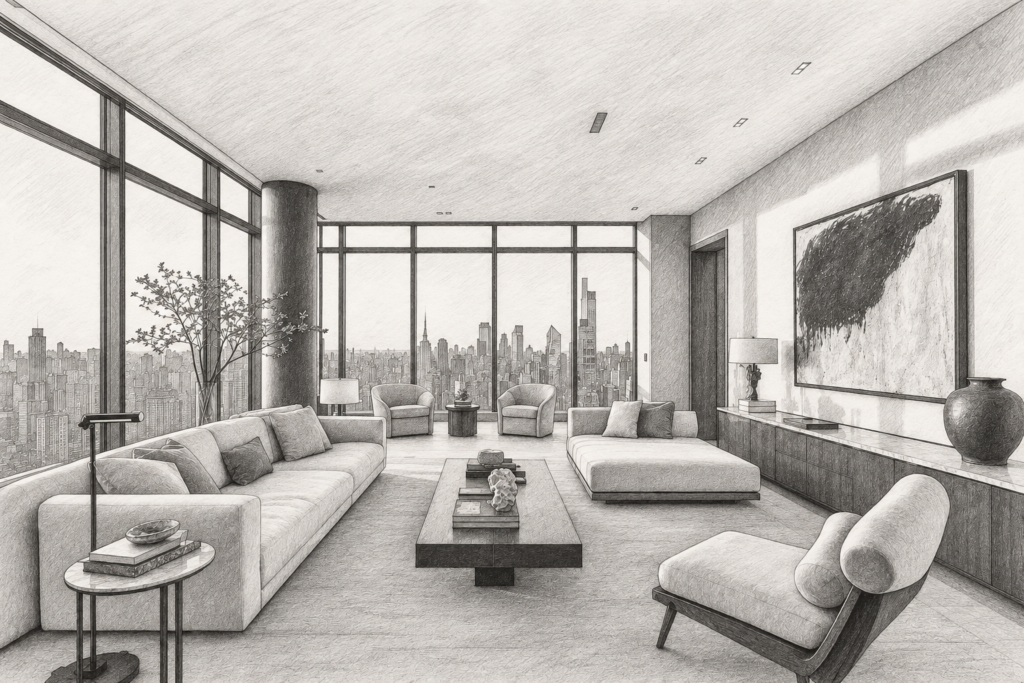 Open-plan living room with seating and large windows.