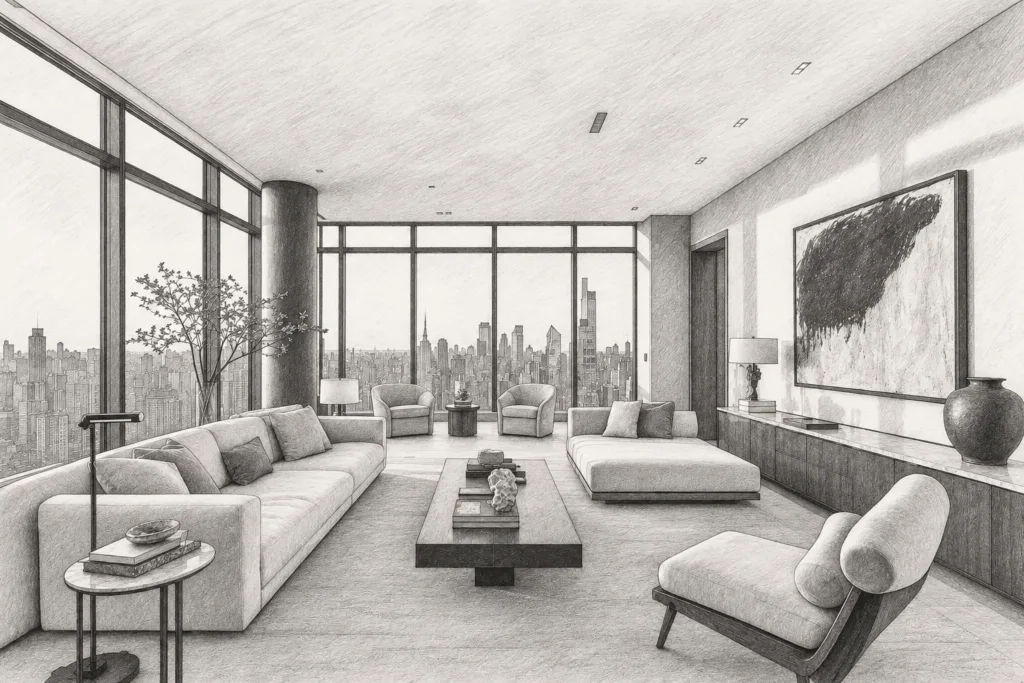 Open-plan living room with seating and large windows.