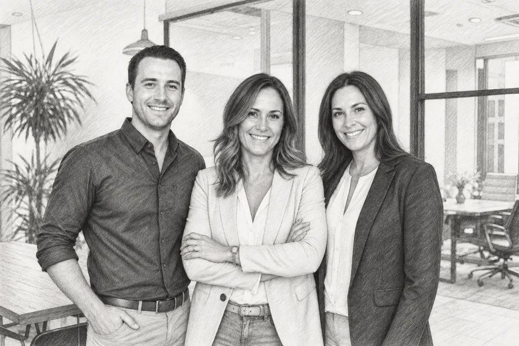 Three adults standing together in a bright interior.