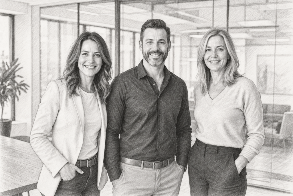 Three professionals standing together in a bright glass-walled interior.
