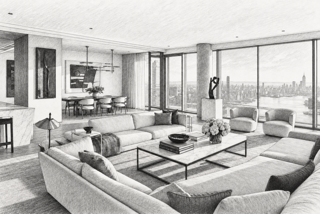 Open-plan living and dining area with city skyline.