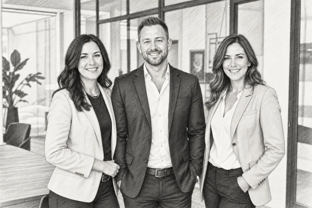 Three adults standing together in a bright interior.