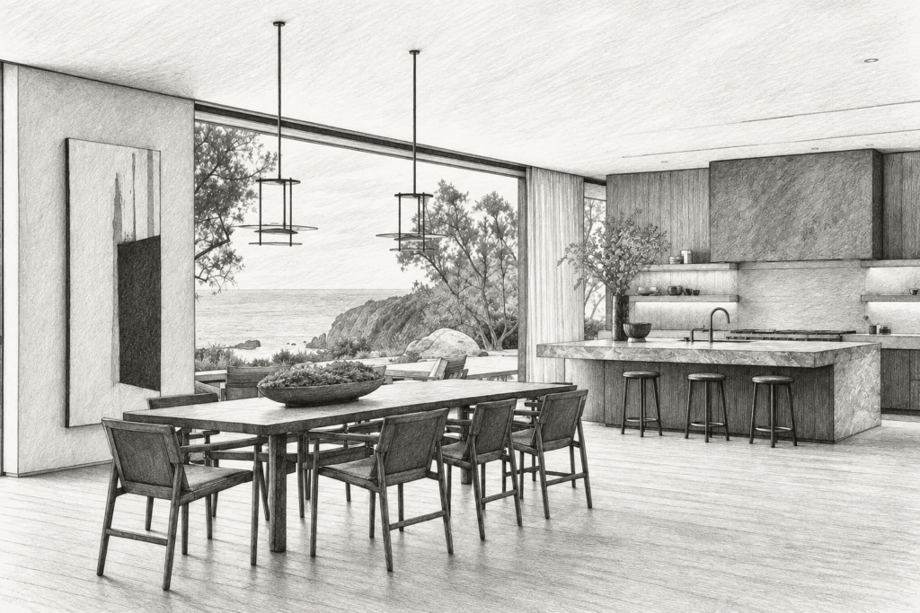 Dining and kitchen area with a long table and broad glazing toward the mountains.