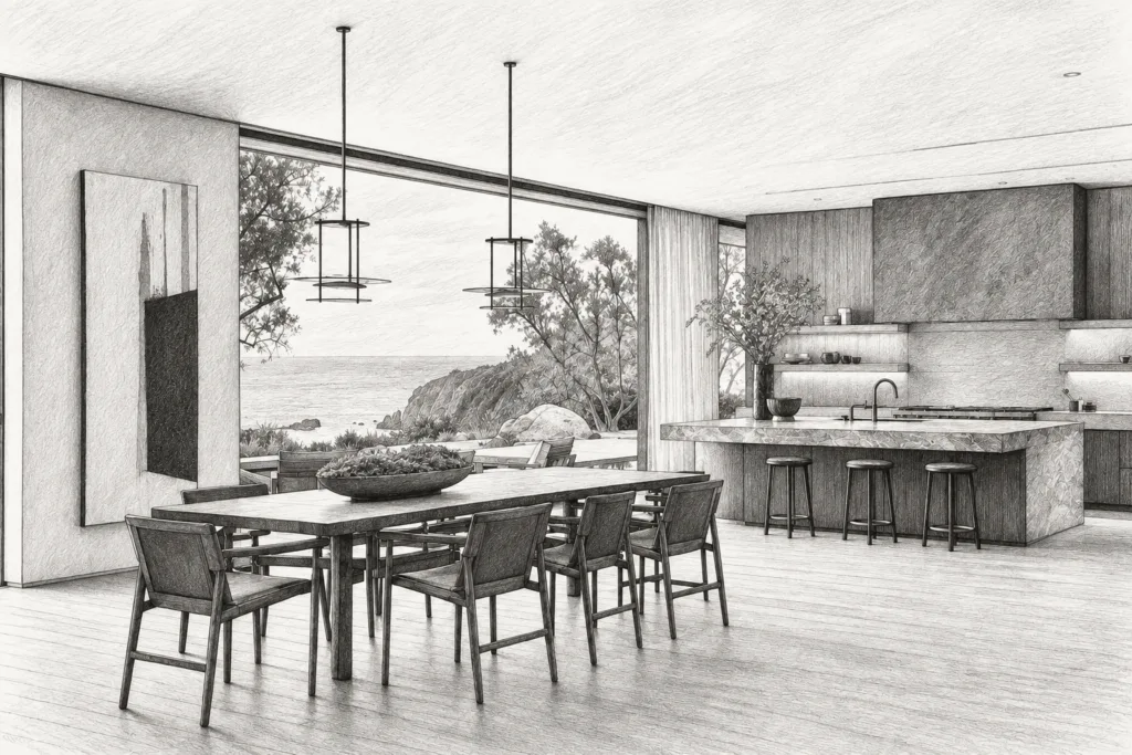 Luxury Real Estate Automation Productivity: Automate Less 1 Dining and kitchen area with a long table and broad glazing toward the mountains.
