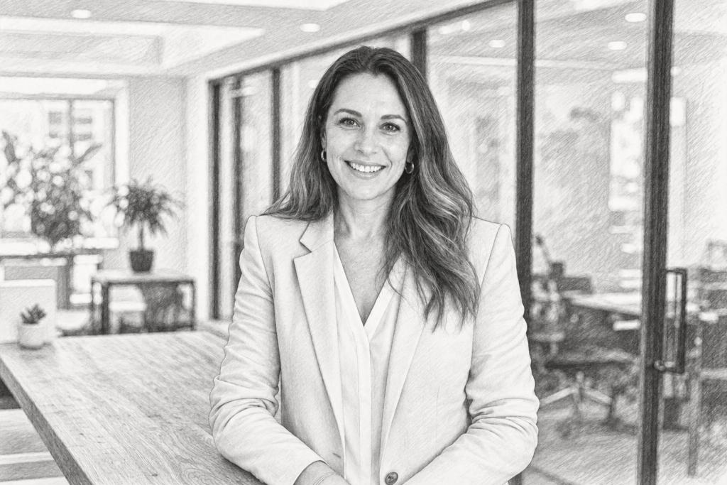 Smiling woman standing in a bright interior.