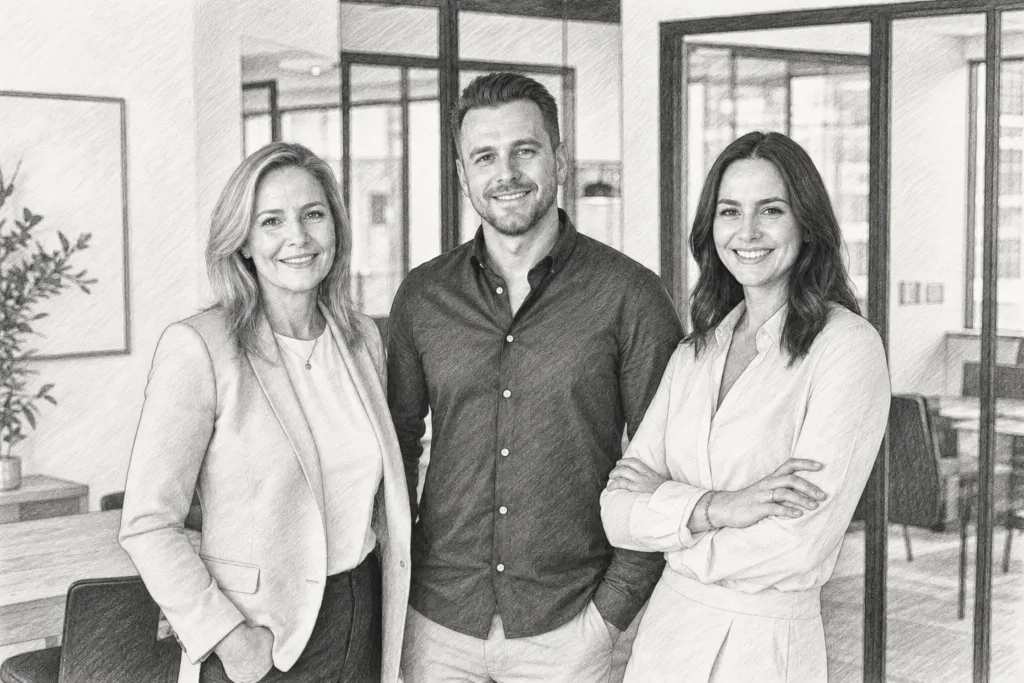 Three adults standing together indoors.