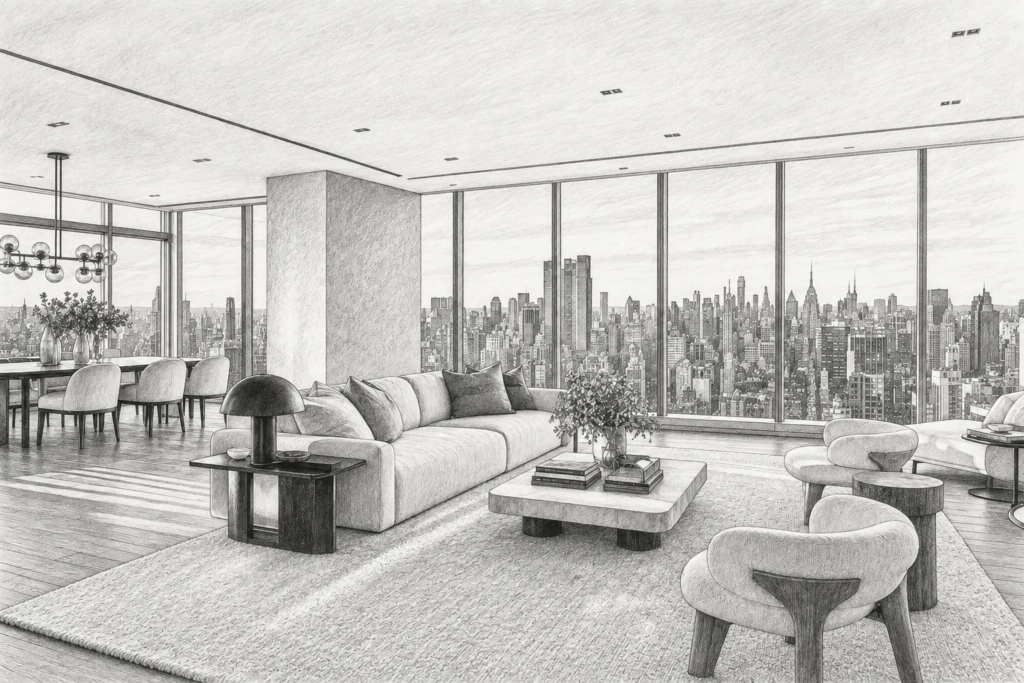 Open-plan living room with city skyline through glass walls.