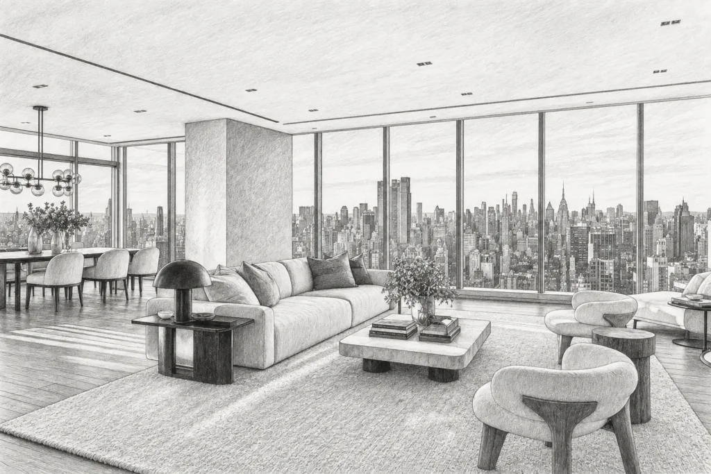 Open-plan living room with city skyline through glass walls.