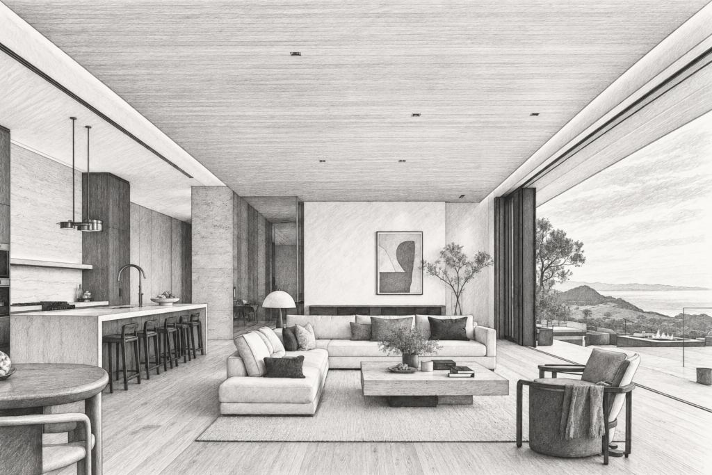 Build Scalable Brokerage Operations Systems Beyond Agent Headcount 1 Open-plan living room with fireplace and water view.