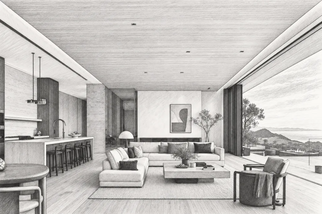 Open-plan living room with fireplace and water view.