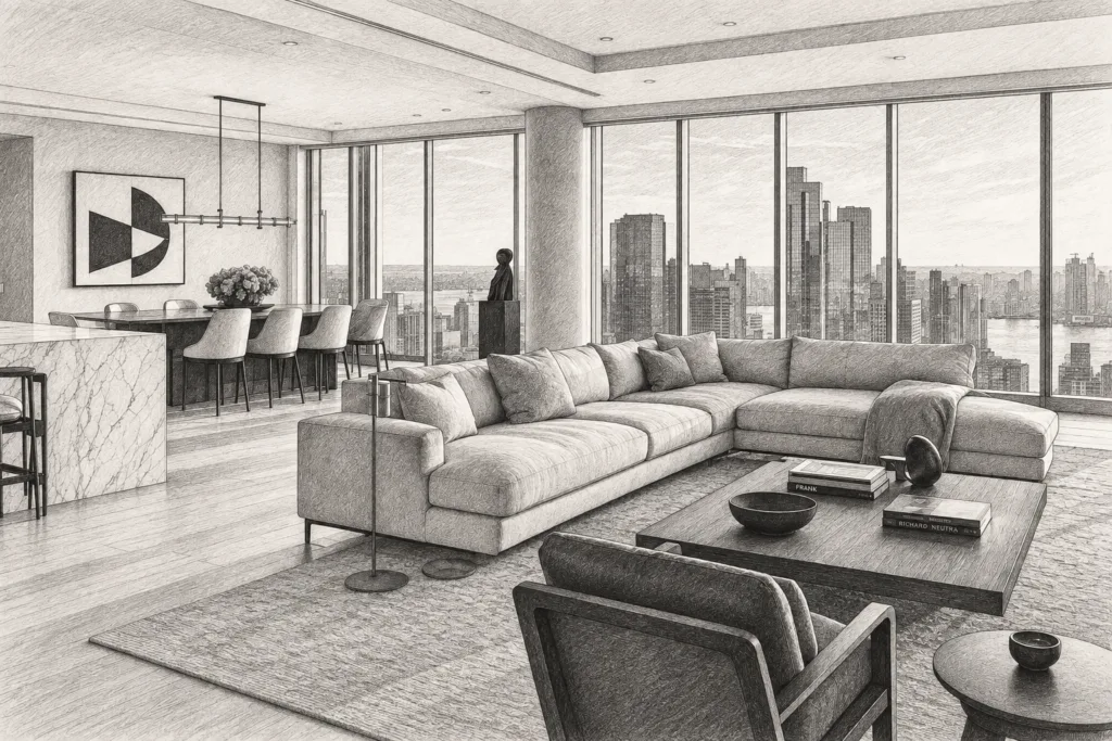 Open living room with a large wall artwork, seating and city view.