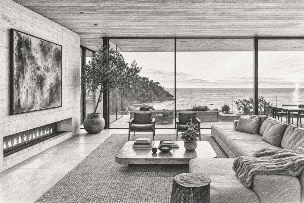 Luxury Real Estate Brokerage Meeting Optimization: The Async Shift 1 Open-plan living room with fireplace and water view.