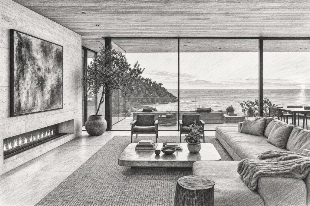 Luxury Real Estate Brokerage Meeting Optimization: The Async Shift 1 Open-plan living room with fireplace and water view.