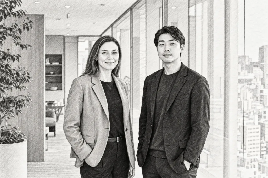 Two adults standing together in a bright interior.