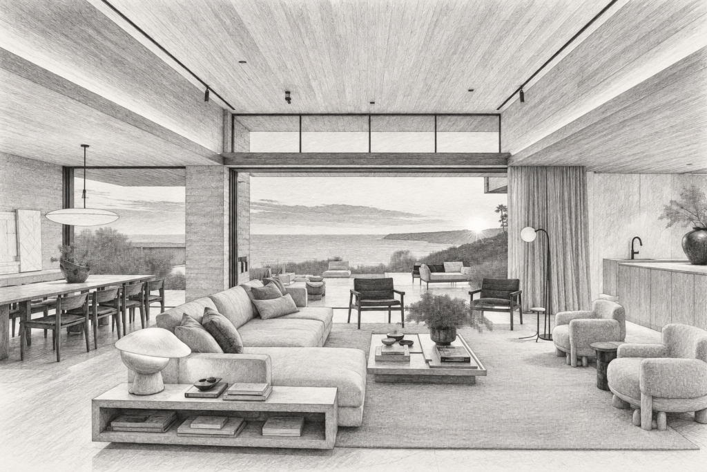 Empathy Training Luxury Real Estate Agents Can Measure 1 Open living room with a fireplace and broad glazing toward the ocean.