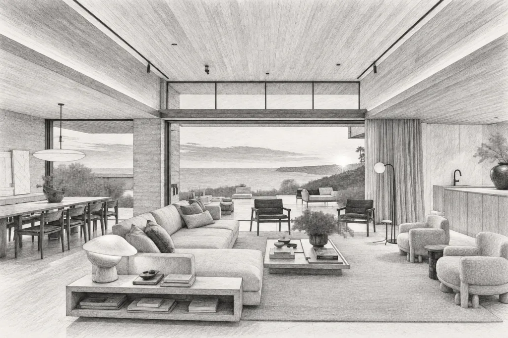 Empathy Training Luxury Real Estate Agents Can Measure 1 Open living room with a fireplace and broad glazing toward the ocean.