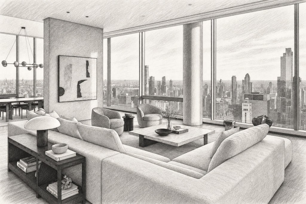 High Performer Retention Review Real Estate: Before They Quit 1 Open living room with seating and broad glazing toward a city skyline.