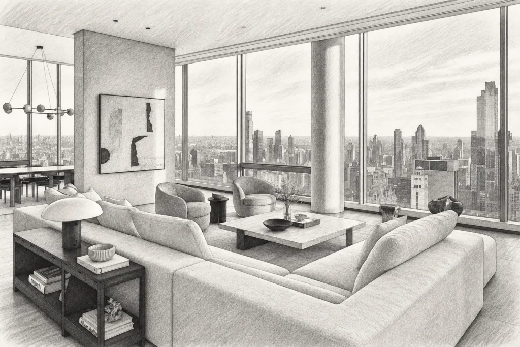 Open living room with seating and broad glazing toward a city skyline.