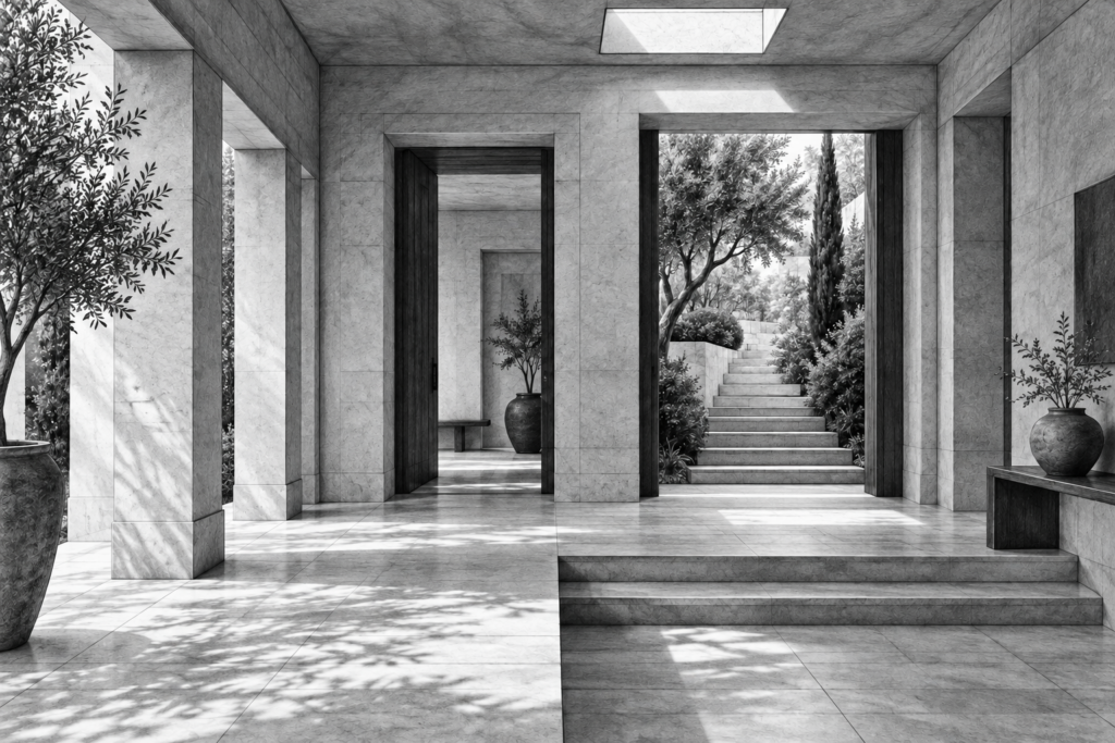 Luxury Real Estate Productivity Systems Without Burnout 1 Limestone residence with a shaded colonnade, offset garden stair and roof opening.
