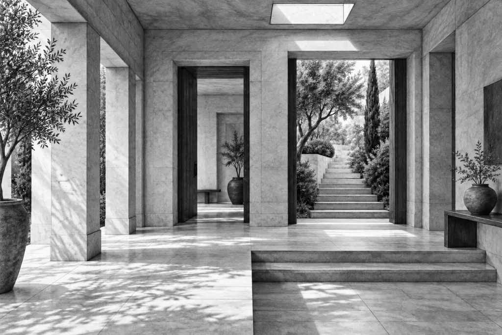 Luxury Real Estate Productivity Systems Without Burnout 1 Limestone residence with a shaded colonnade, offset garden stair and roof opening.