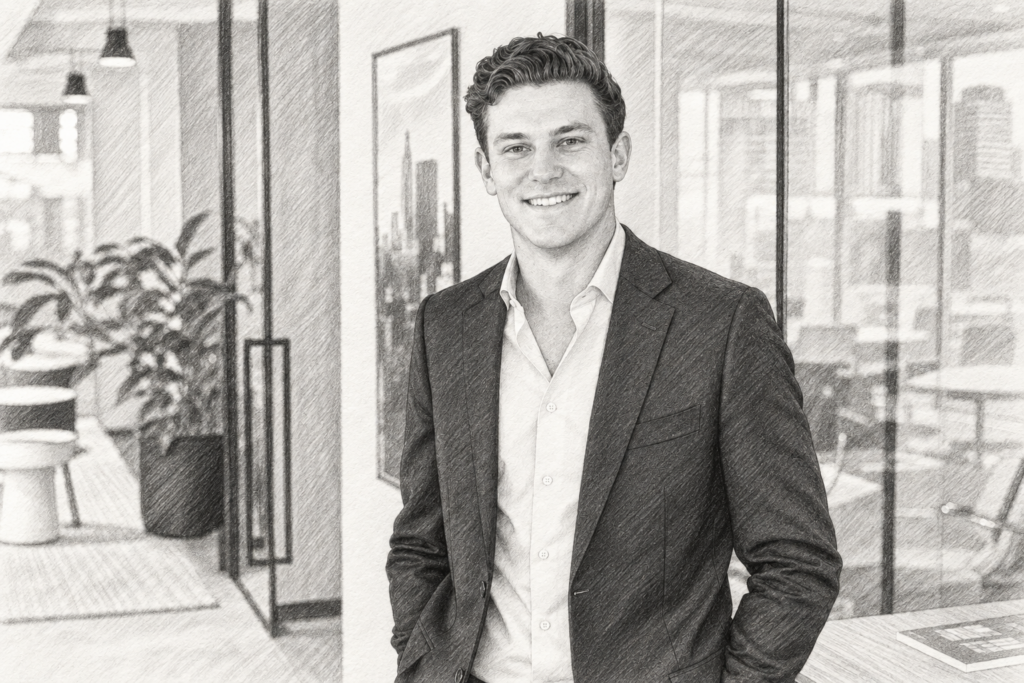 Smiling man standing in a bright office.