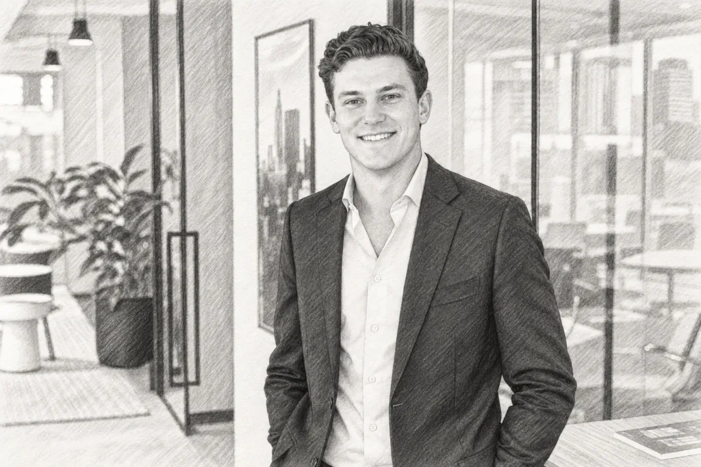 Smiling man standing in a bright office.
