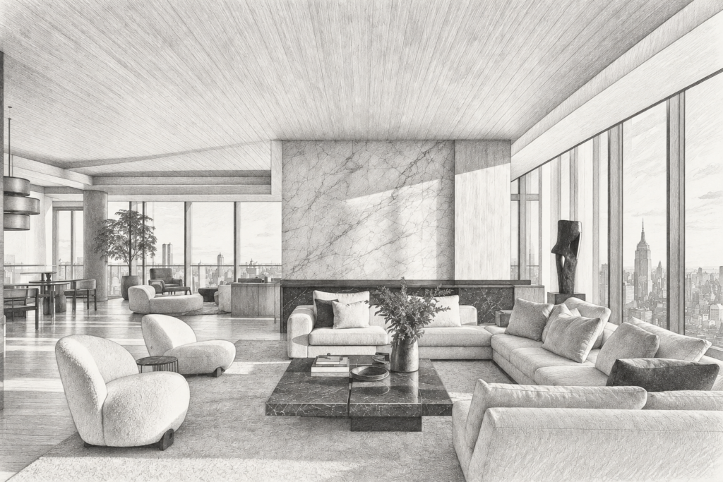 Open-plan living room with a city skyline beyond glass walls.