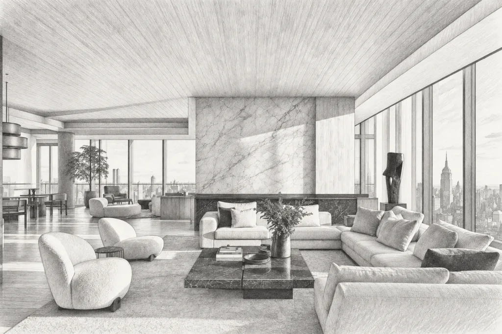 Open-plan living room with a city skyline beyond glass walls.