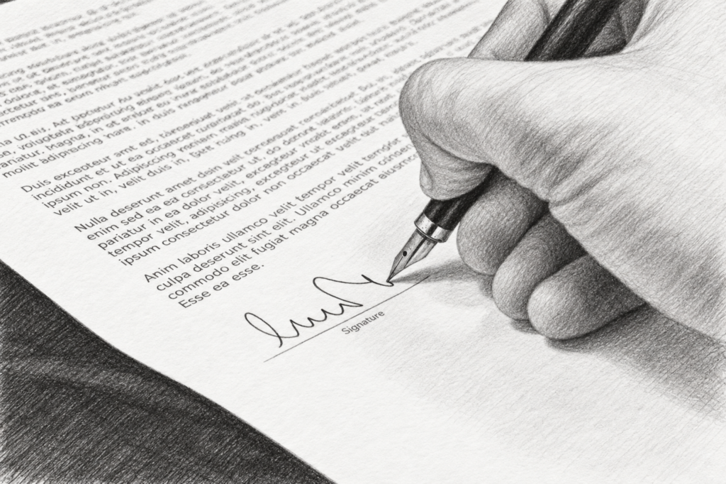 Joint Venture Agreement Template 1 Hand signing a document with a fountain pen.