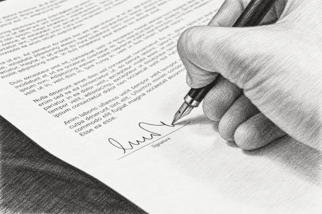 Hand signing a document with a fountain pen.