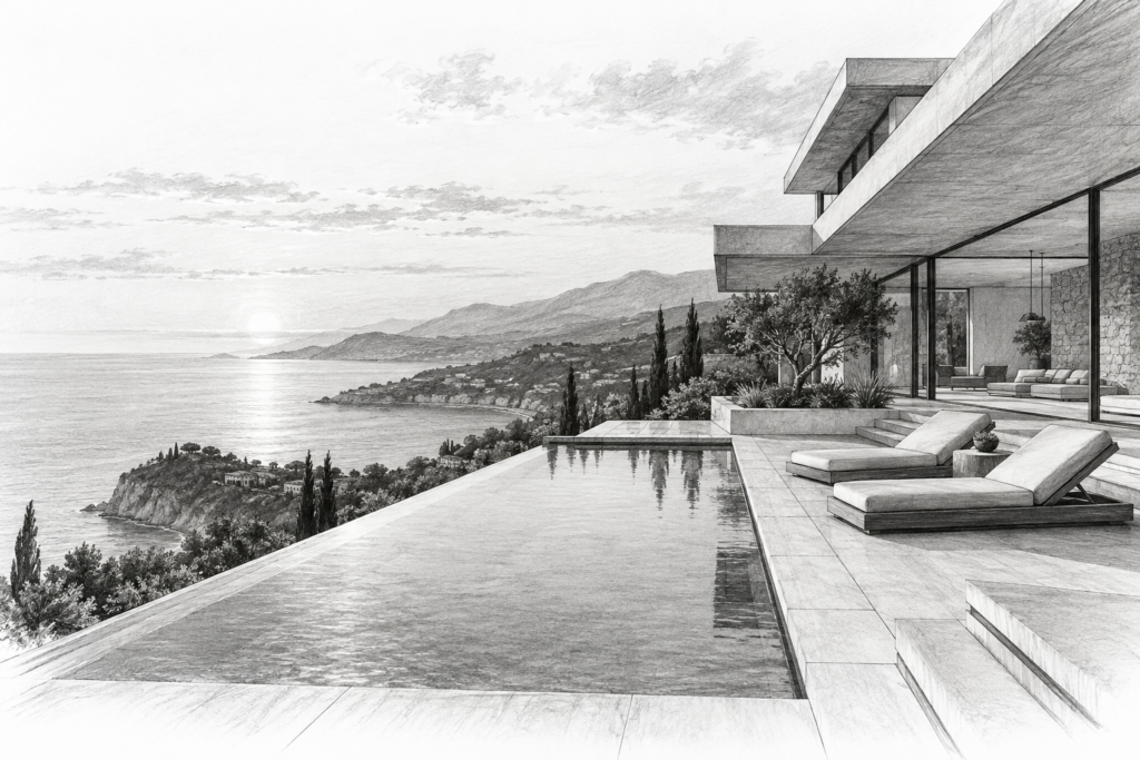 Limestone residence with a cantilevered reading wing and reflecting rill.