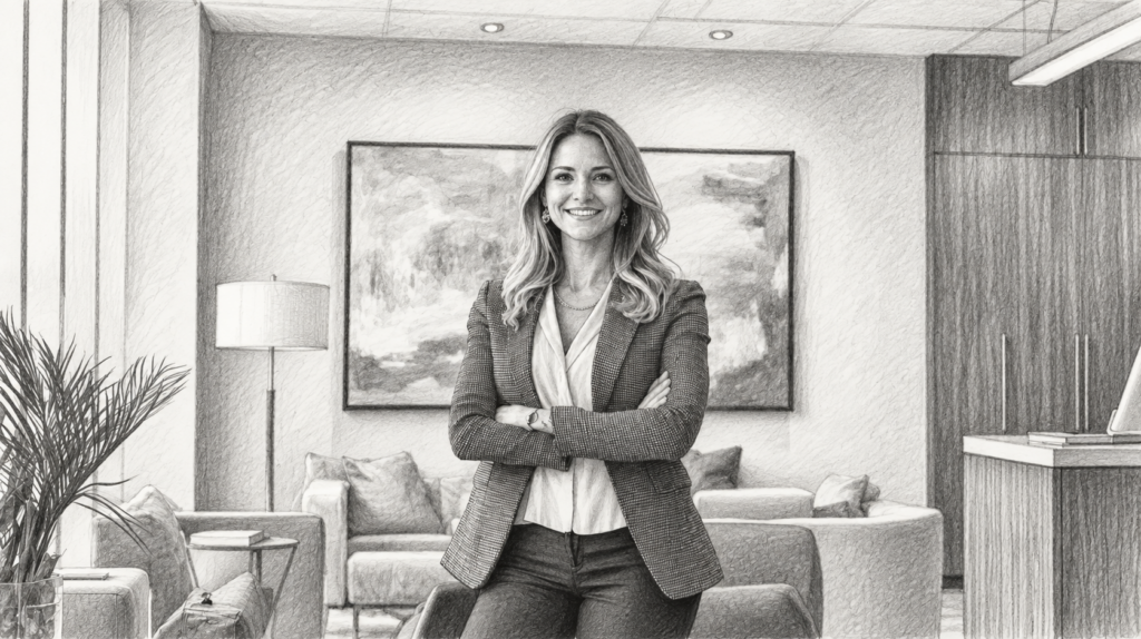 Woman standing with folded arms in a living room.