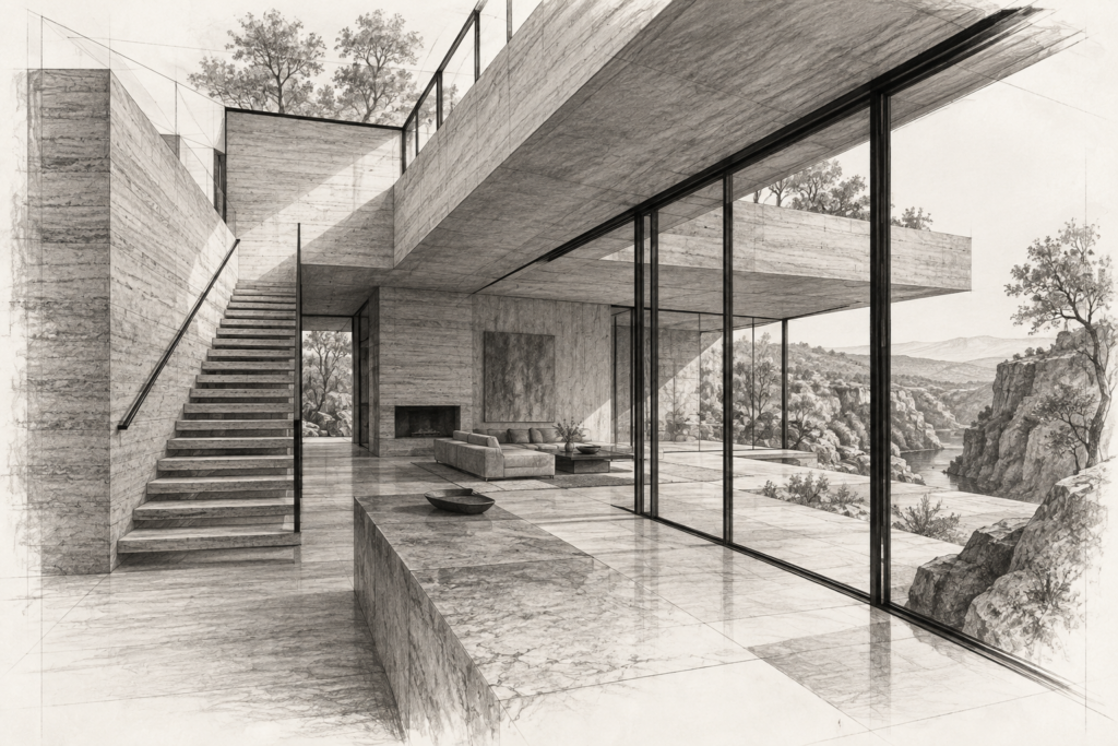 Travertine residence with a clerestory stair and glass walls.