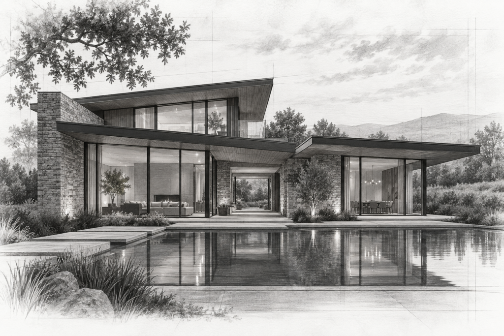 Luxury residence with offset roof planes and a reflecting basin.