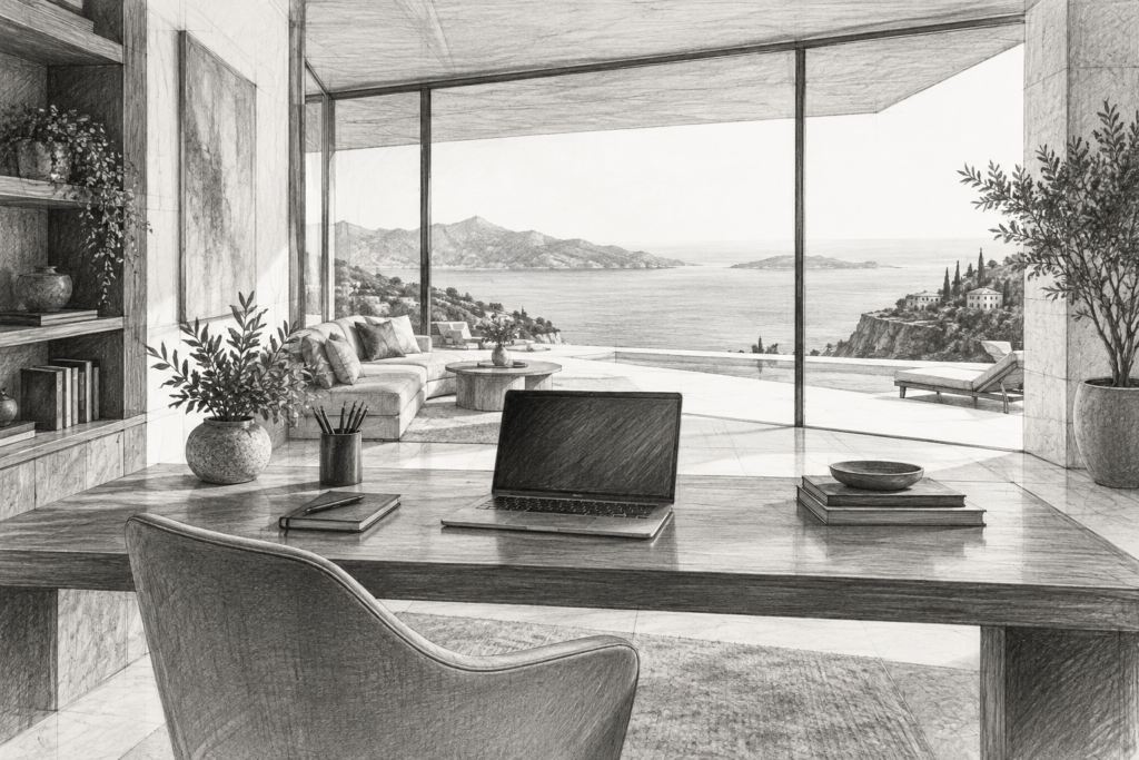 5 Powerful Ways For Successfully Managing A Virtual Team 1 Limestone residence with a covered breezeway and double height library.